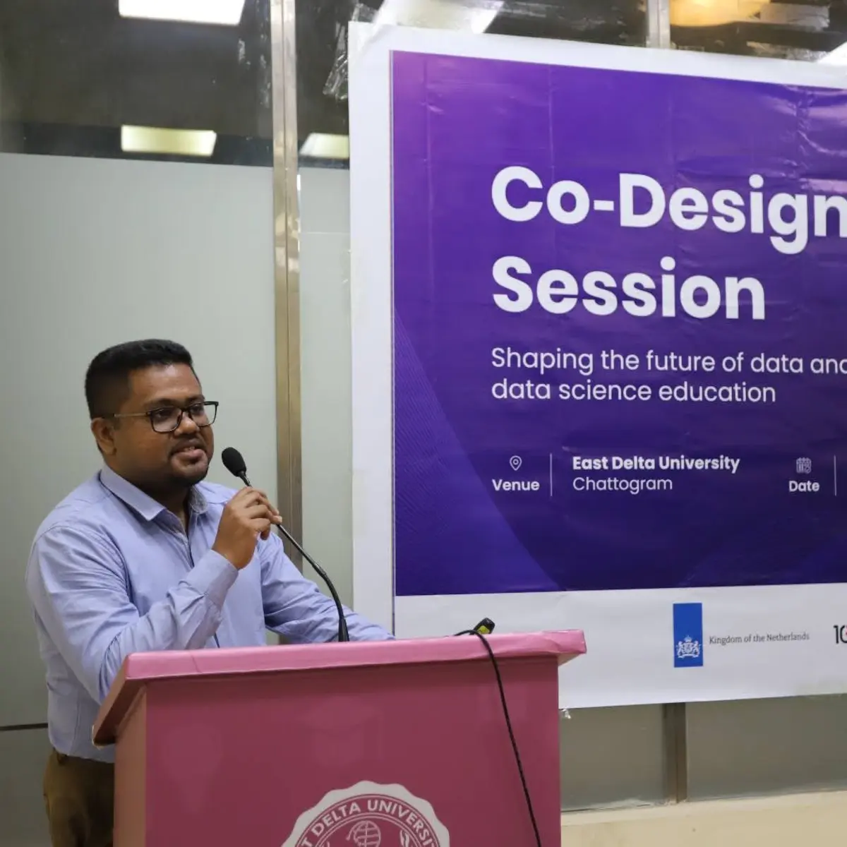 J S Mahboob speaking at a data education co-design session